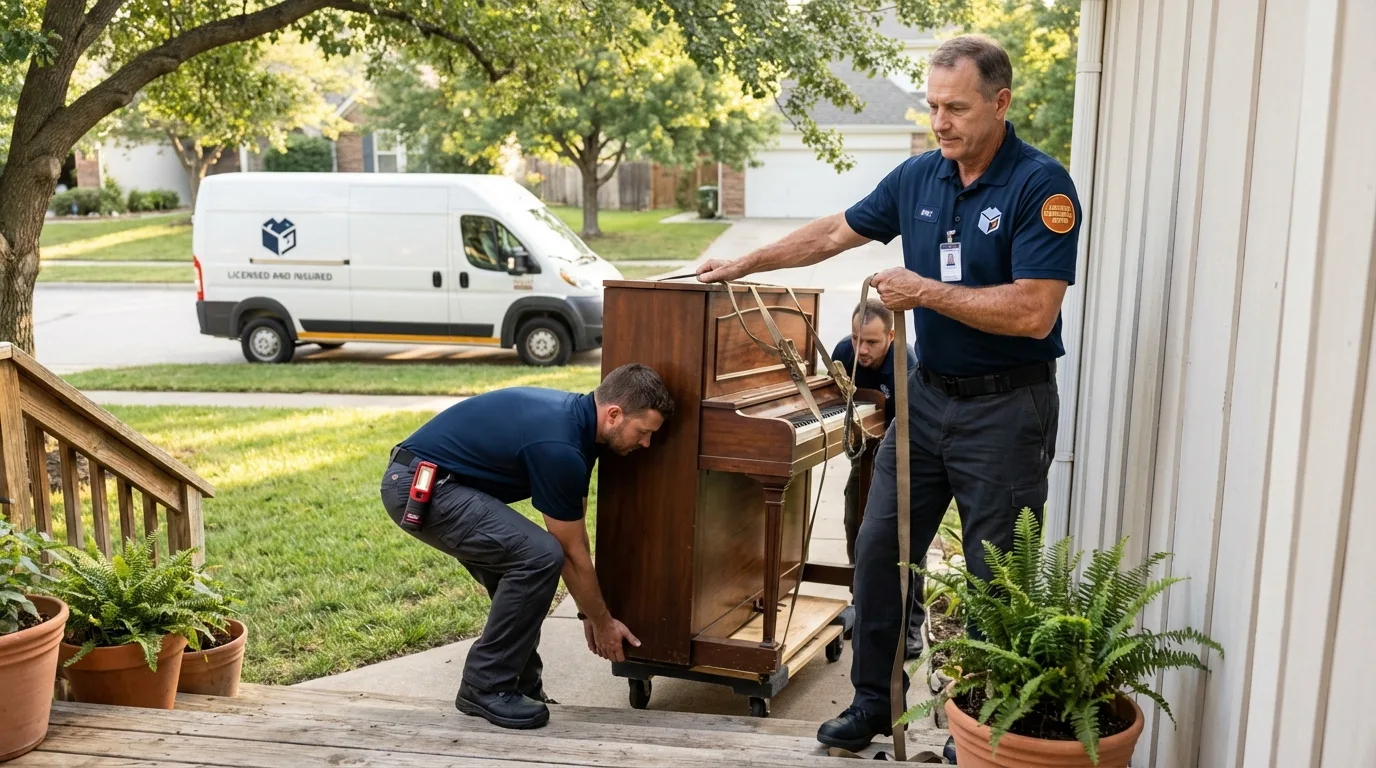 Licensed piano movers securing grand piano in Batesville, MS