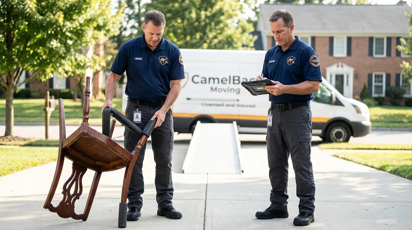 Movers inspecting furniture for damage prevention before loading in Batesville, MS