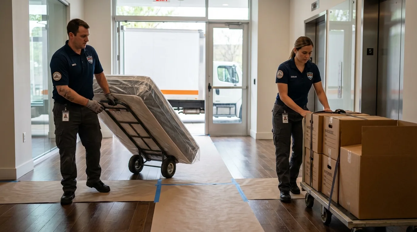 Professional apartment movers loading elevator in Batesville, MS